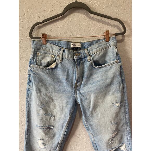 Zara The Cigarette in Sunrise Blue Distressed Straight Raw Hem Jeans Sz 8 BOHO - Picture 2 of 9